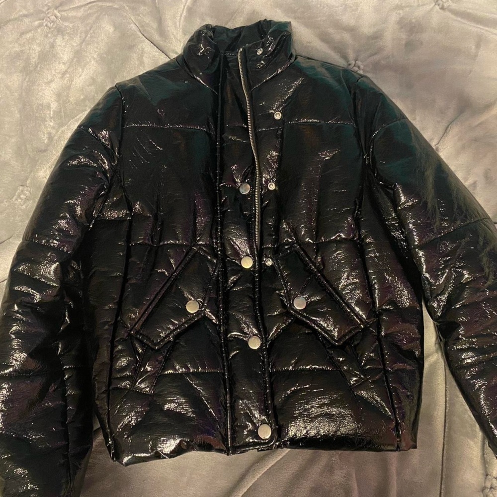 All Black Cropped Shinny Bubble Coat.